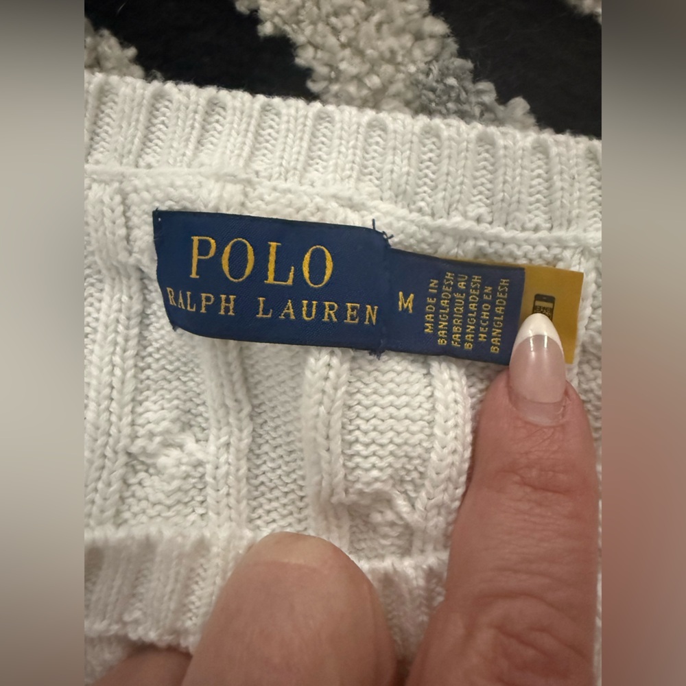 Ralph Lauren White Cable-Knit Crewneck Sweater with Navy Pony - Picture 3 of 3